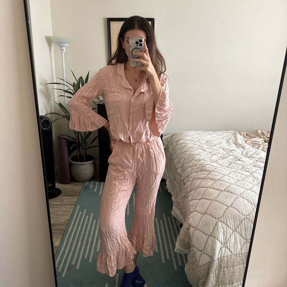 Anthropologie pink pajama set with flare details - size small